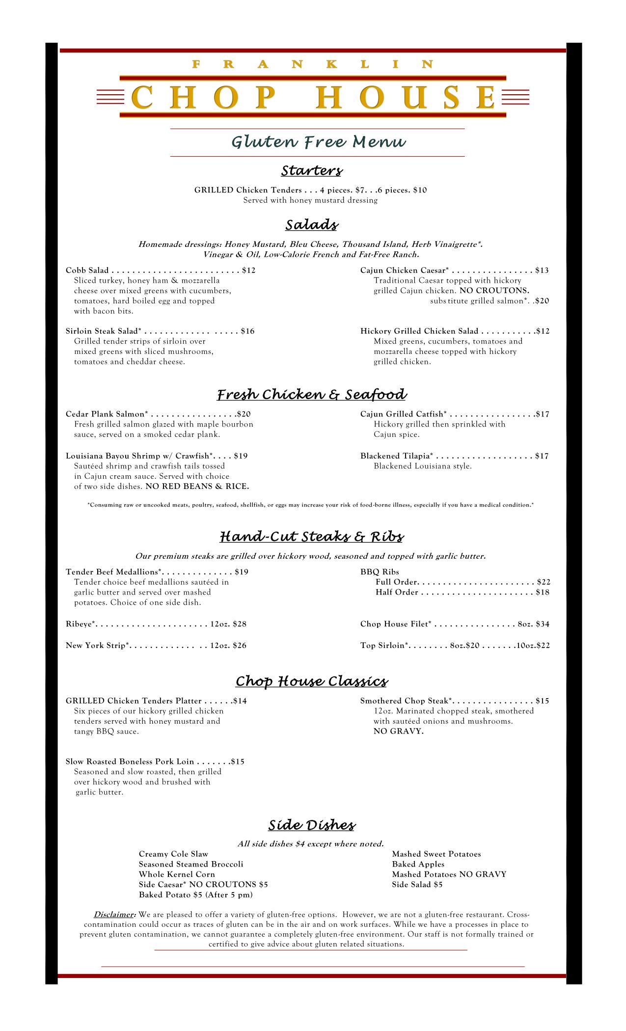 Franklin Chop House 21 Gluten Free Menu